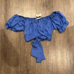 Elle Blue Off-Shoulder Blouse with Tie-Front